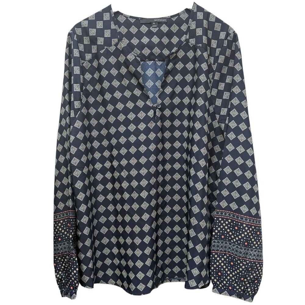 Harve Benard Womens Top XL Navy Blue Print Tunic Blouse Long Sleeve Boho
